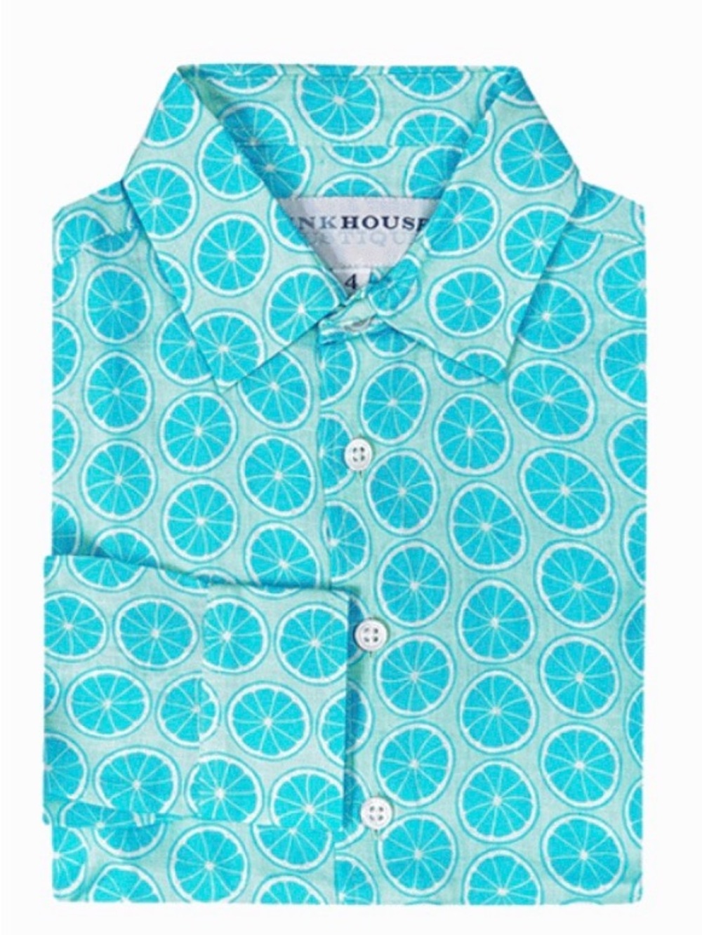 Kid’s Pink House Mustique 100% Linen Lime Slice Turquoise Blue Shirt Size 10